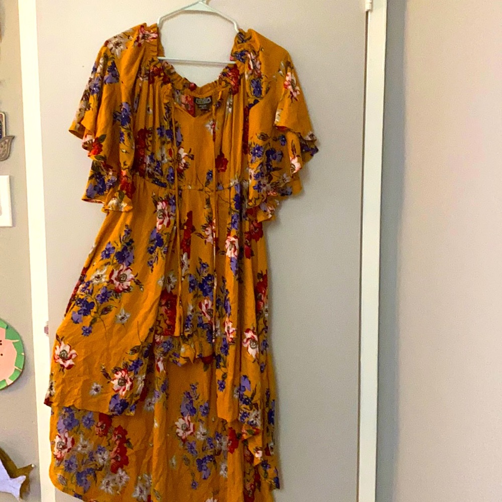 Mustard Yellow Floral Romper with high low backing